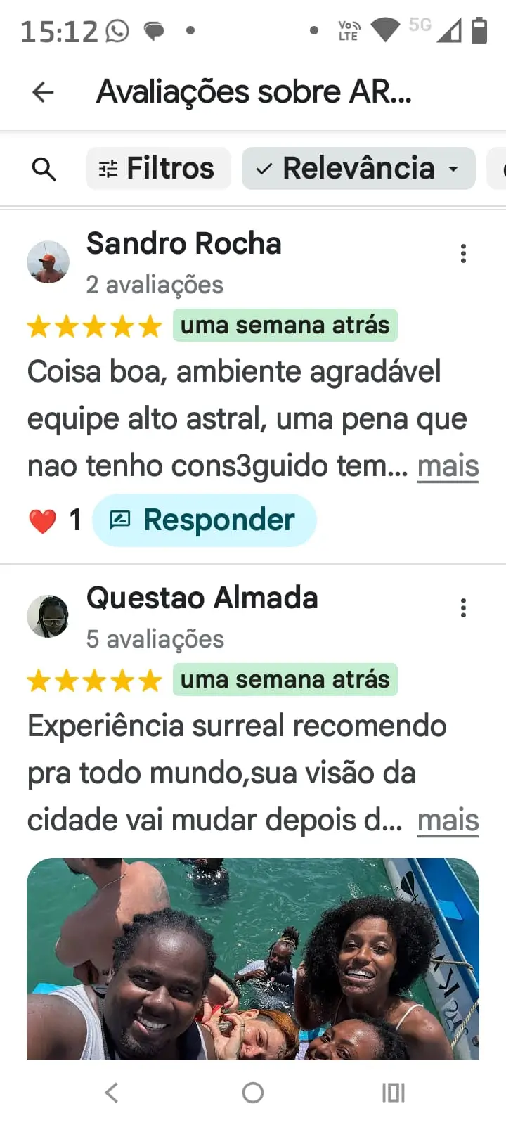 Depoimento 5 estrelas no Google sobre o passeio de canoa havaiana