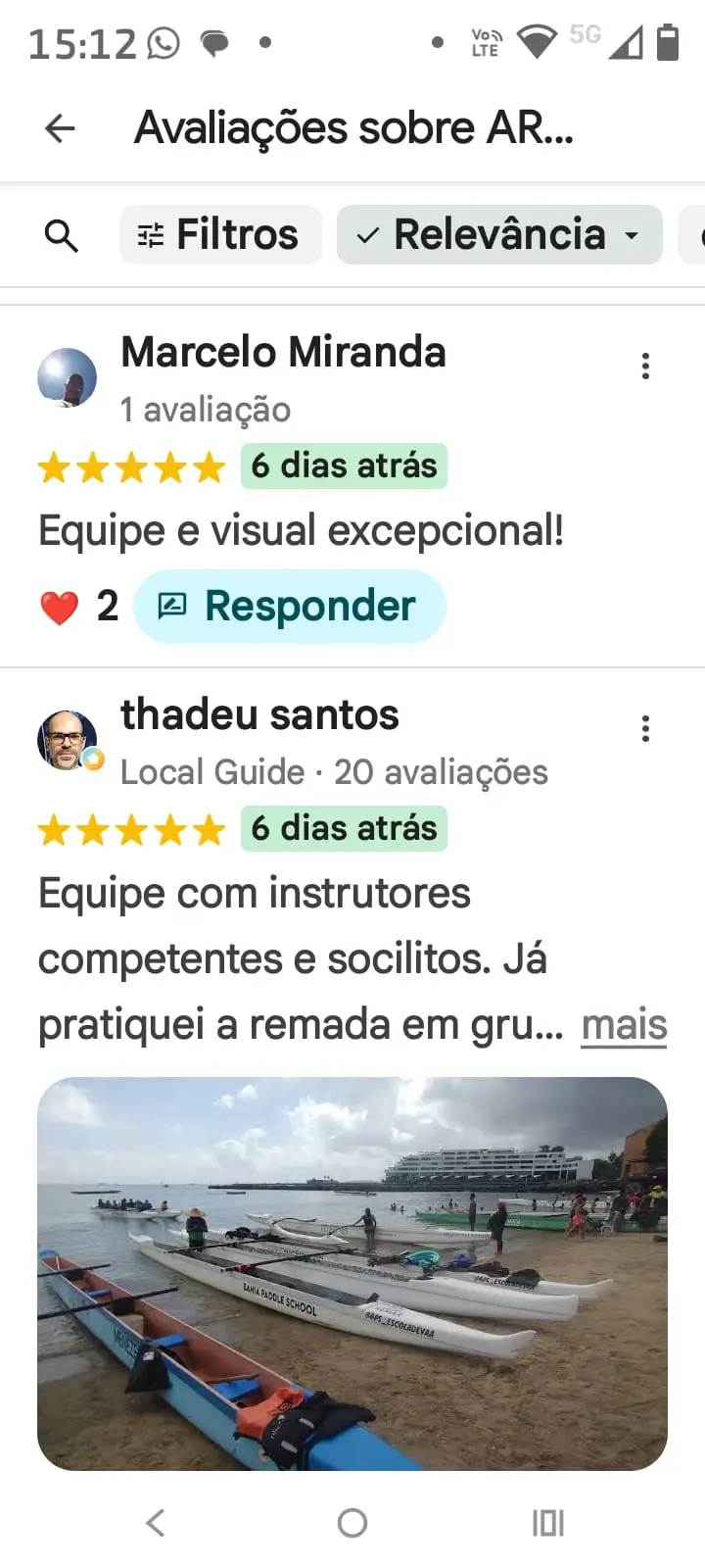 Avaliação de cliente no Google sobre a remada na Baía de Todos os Santos
