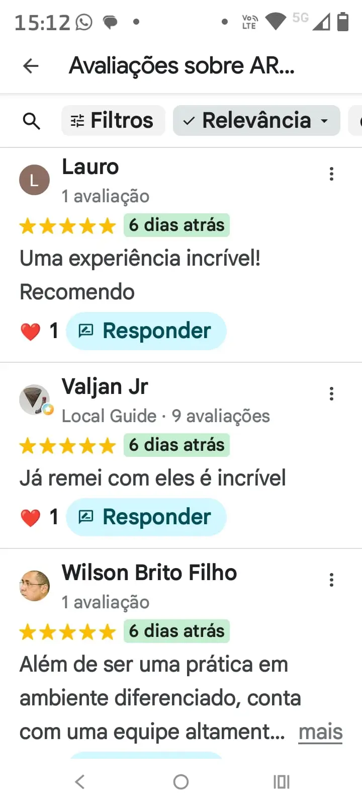 Relato no Google destacando o passeio com a ARS clube de Remo