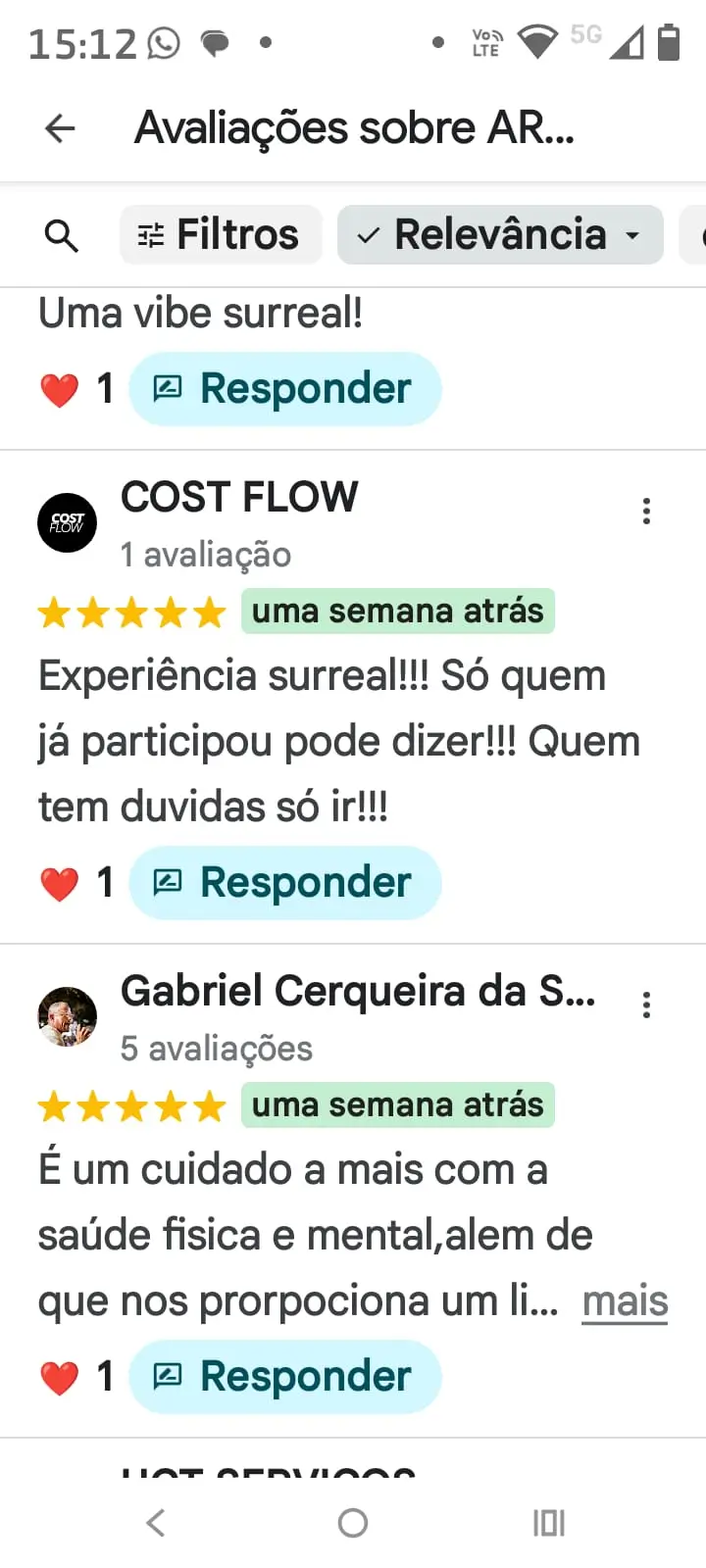 Avaliação sobre a experiência de canoa havaiana na ARS em Salvador no Google